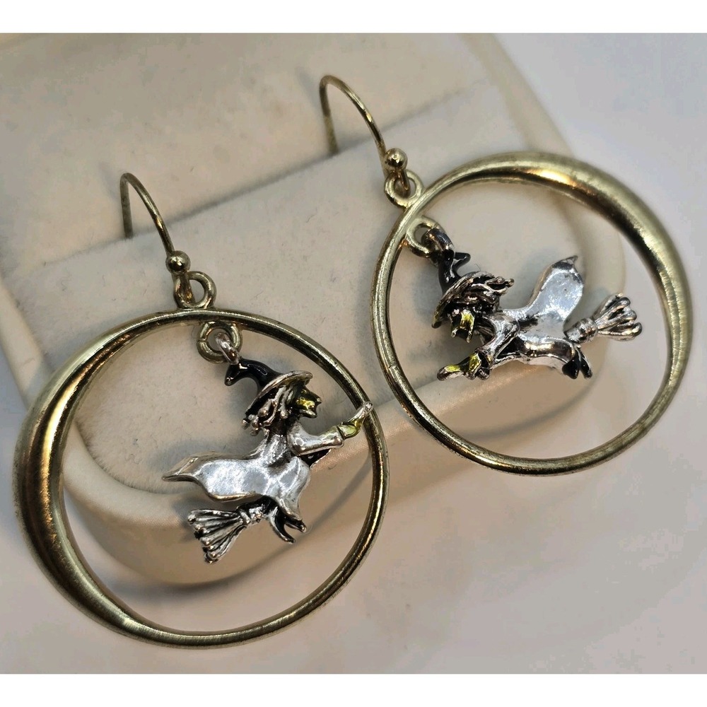 Avon 2008 Flying Witch Earrings Halloween Dangle Gold Tone Hoop Vintage Costume
